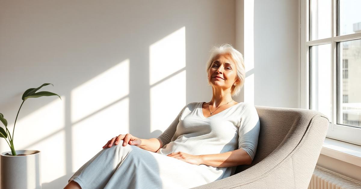 Mulher madura em ambiente claro e sereno, descansando em poltrona com luz natural, representando o cansaço que pede investigação médica
