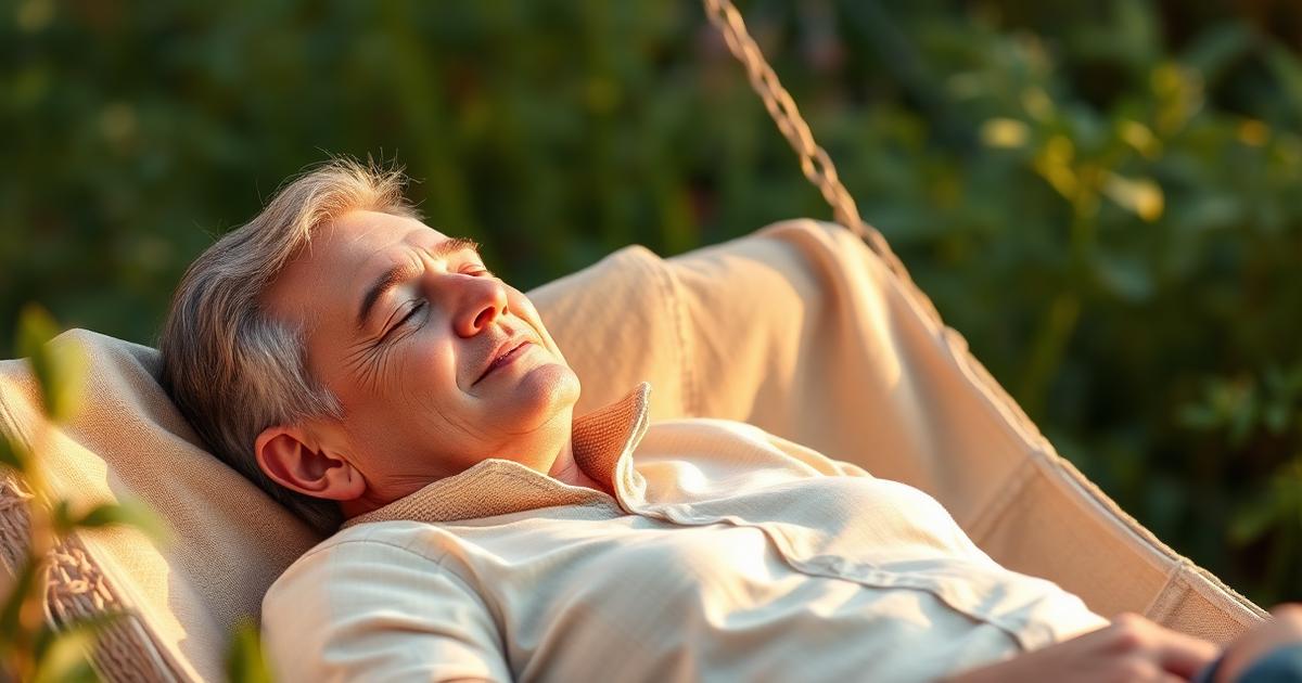 Pessoa madura descansando serena em rede ao ar livre com luz dourada suave, representando descanso semanal, recuperação e bem-estar