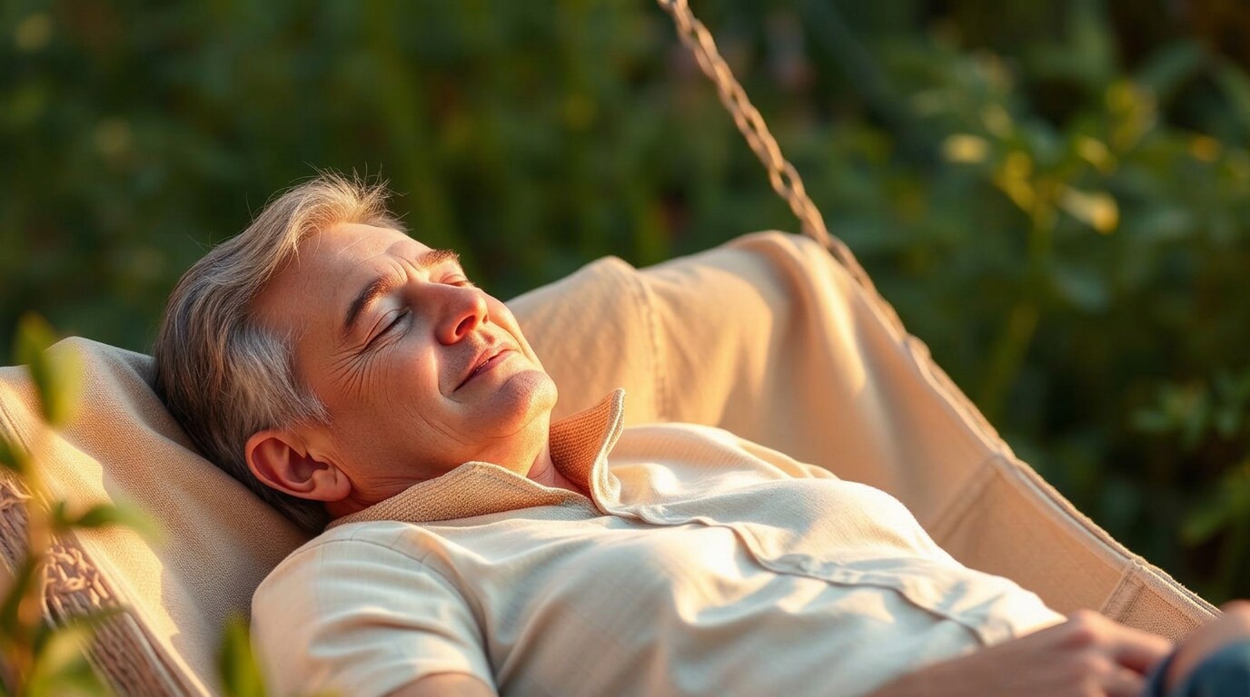 Pessoa madura descansando serena em rede ao ar livre com luz dourada suave, representando descanso semanal, recuperação e bem-estar