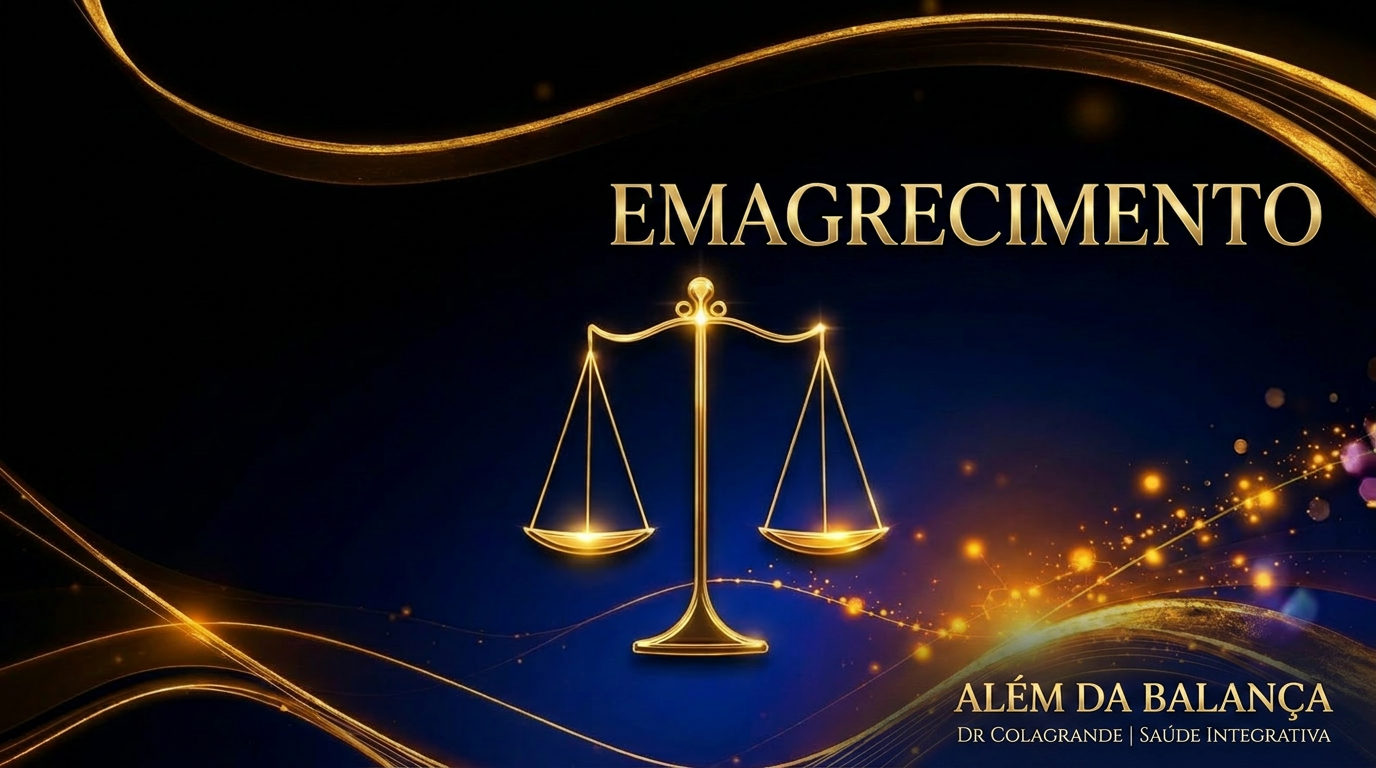 Ilustração premium em preto e dourado com balança e conexões moleculares simbolizando emagrecimento saudável