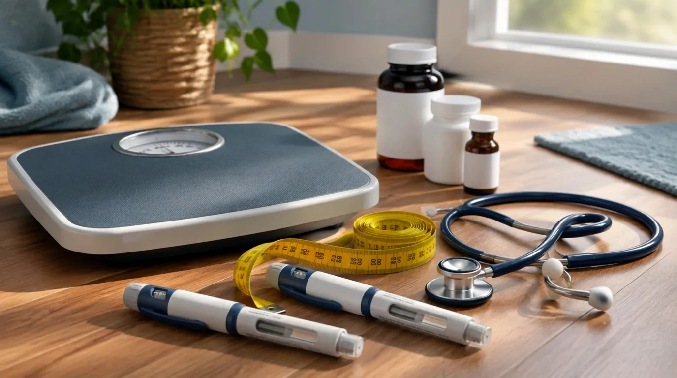 Balança, fita métrica, canetas injetoras emagrecedoras e frascos de suplementos sobre piso de madeira, ao lado de um estetoscópio, representando a investigação médica antes de qualquer medicamento