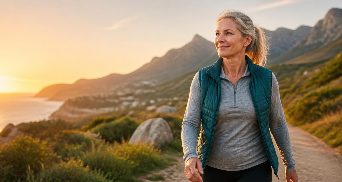 Mulher madura caminhando ao ar livre em trilha ao pôr do sol, representando envelhecimento ativo, vitalidade e cuidado preventivo