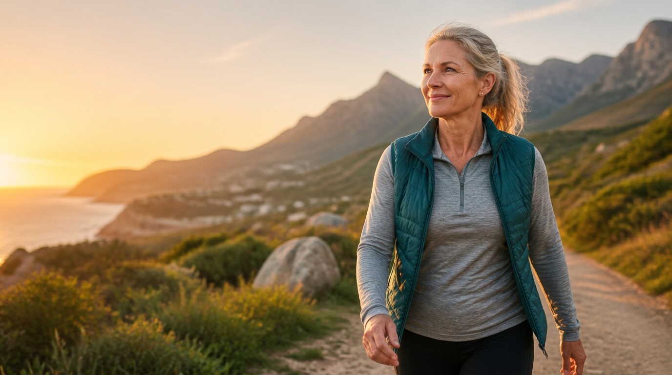 Mulher madura caminhando ao ar livre em trilha ao pôr do sol, representando envelhecimento ativo, vitalidade e cuidado preventivo