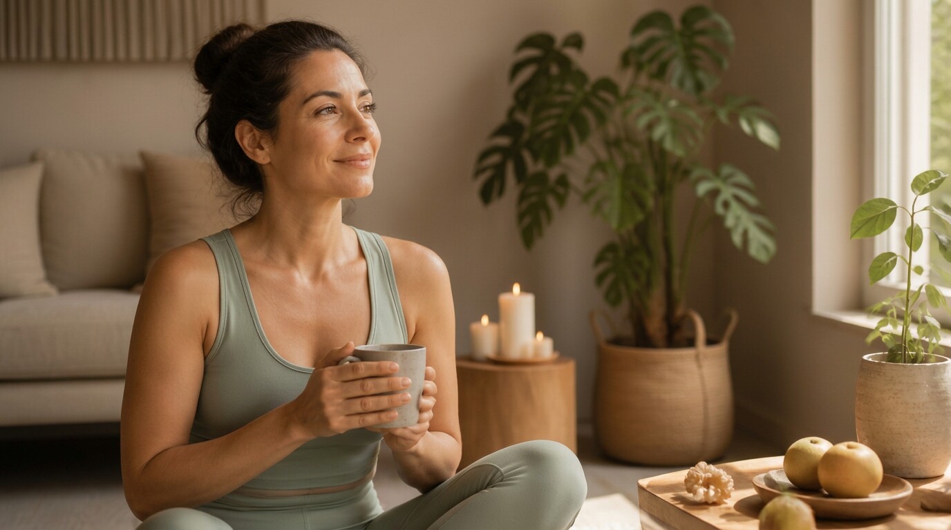 Mulher em ambiente tranquilo e acolhedor, representando equilíbrio emocional e cuidado com a saúde hormonal
