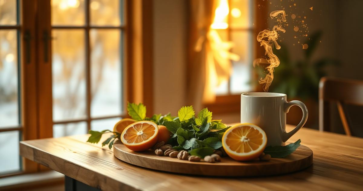 Mesa de madeira com alimentos nutritivos de inverno sob luz dourada, representando nutrição, energia e suporte ao sistema imunológico