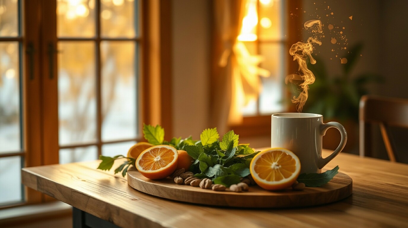 Mesa de madeira com alimentos nutritivos de inverno sob luz dourada, representando nutrição, energia e suporte ao sistema imunológico