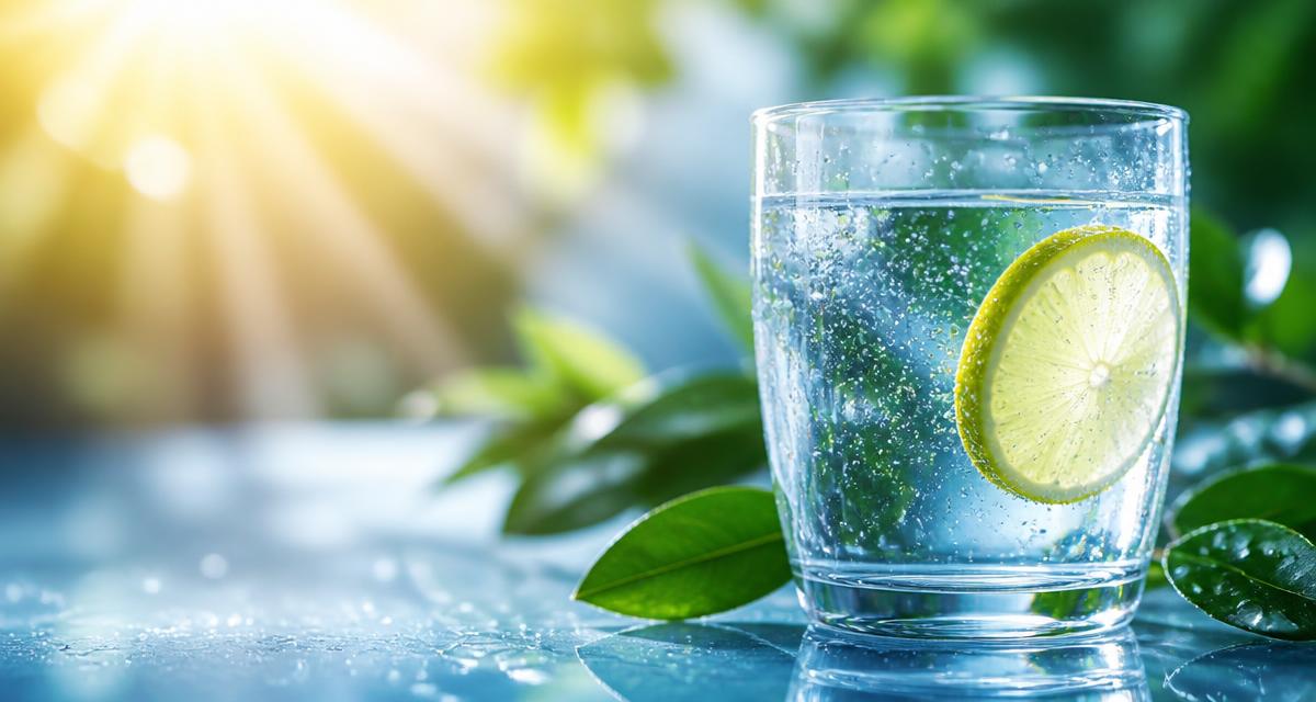 Copo de água cristalina com limão e folhas verdes em luz natural, representando hidratação, frescor e medicina preventiva