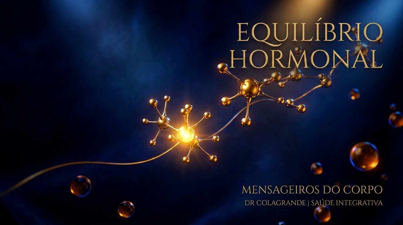 Ilustração premium em preto e dourado com estruturas moleculares hormonais representando equilíbrio hormonal