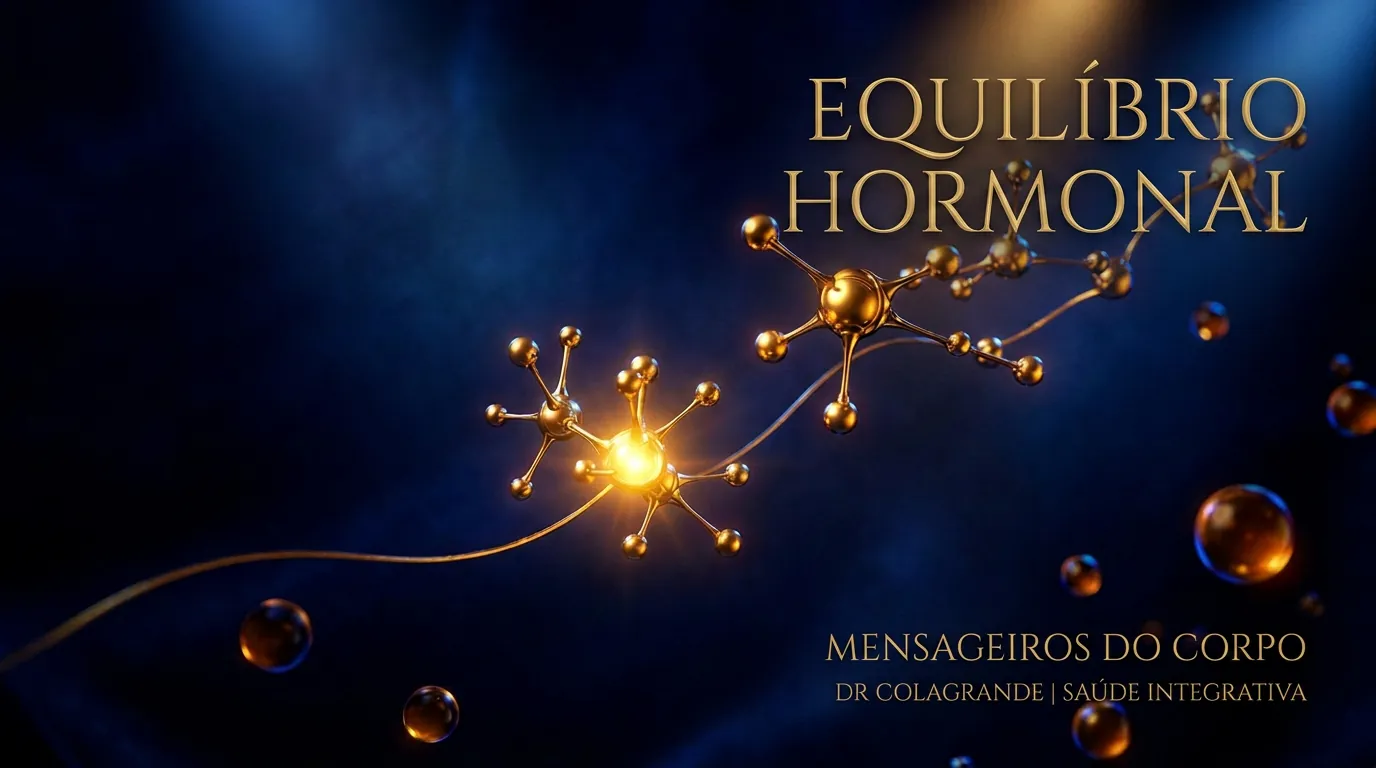 Ilustração premium em preto e dourado com estruturas moleculares hormonais representando equilíbrio hormonal