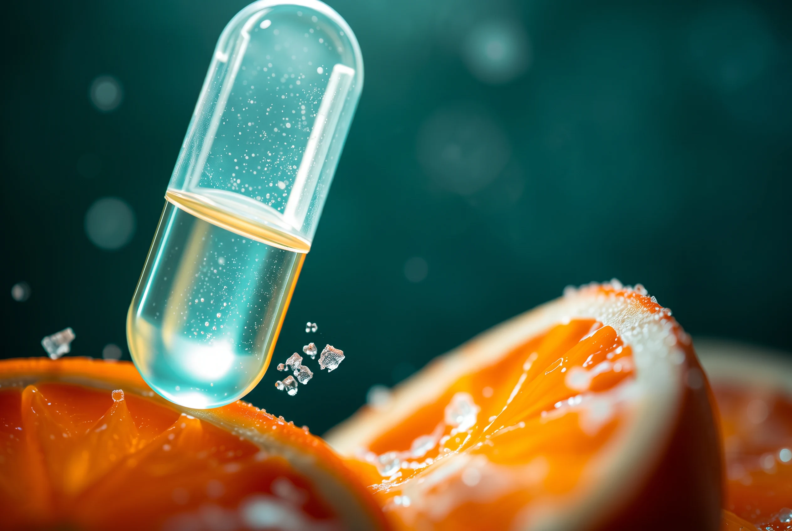 Cápsula de vitamina flutuando sobre laranja fatiada, imunidade no inverno com abordagem integrativa individualizada