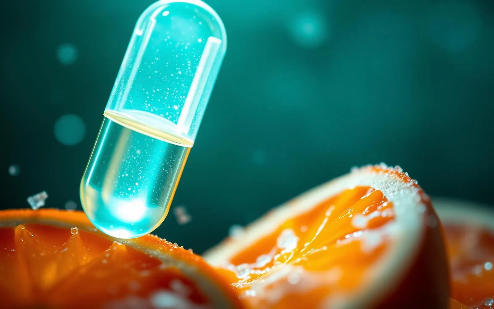 Cápsula de vitamina flutuando sobre laranja fatiada, imunidade no inverno com abordagem integrativa individualizada