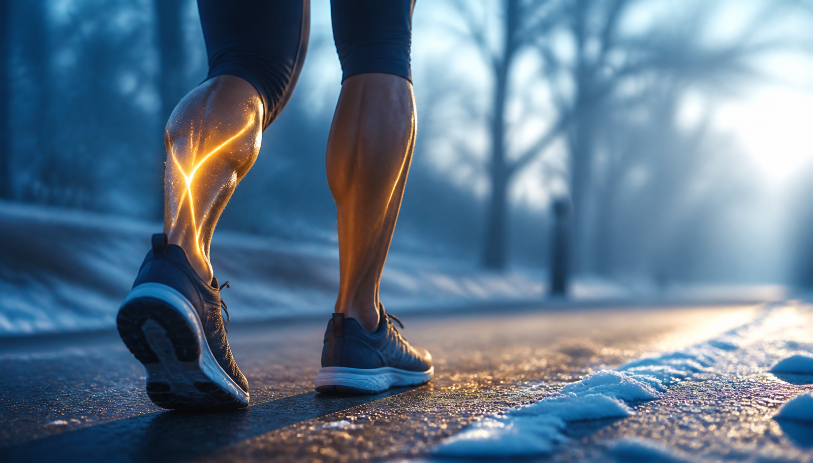 Pernas de atleta caminhando em trilha gelada no inverno, com iluminação dourada simbolizando movimento, circulação e prevenção da inflamação