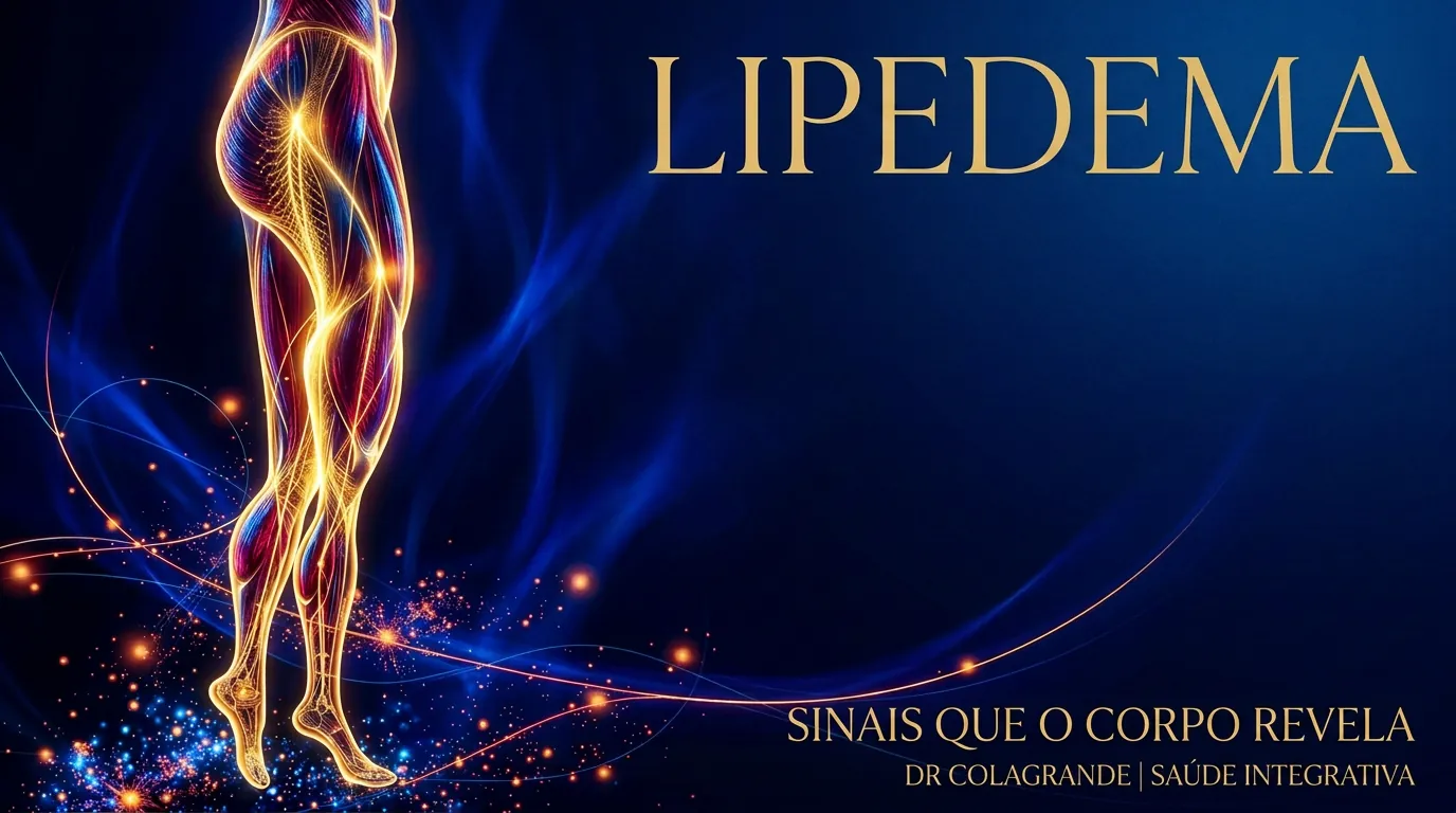 Ilustração editorial em azul escuro e dourado representando a anatomia do lipedema nos membros inferiores
