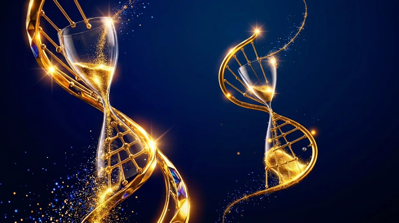 Arte editorial dourada com DNA e ampulheta simbolizando medicina da longevidade e envelhecimento saudável