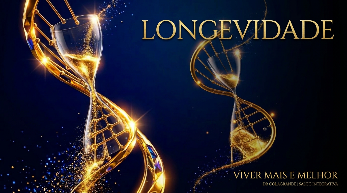 Arte editorial dourada com DNA e ampulheta simbolizando medicina da longevidade e envelhecimento saudável