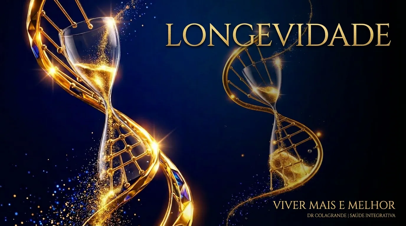 Arte editorial dourada com DNA e ampulheta simbolizando medicina da longevidade e envelhecimento saudável