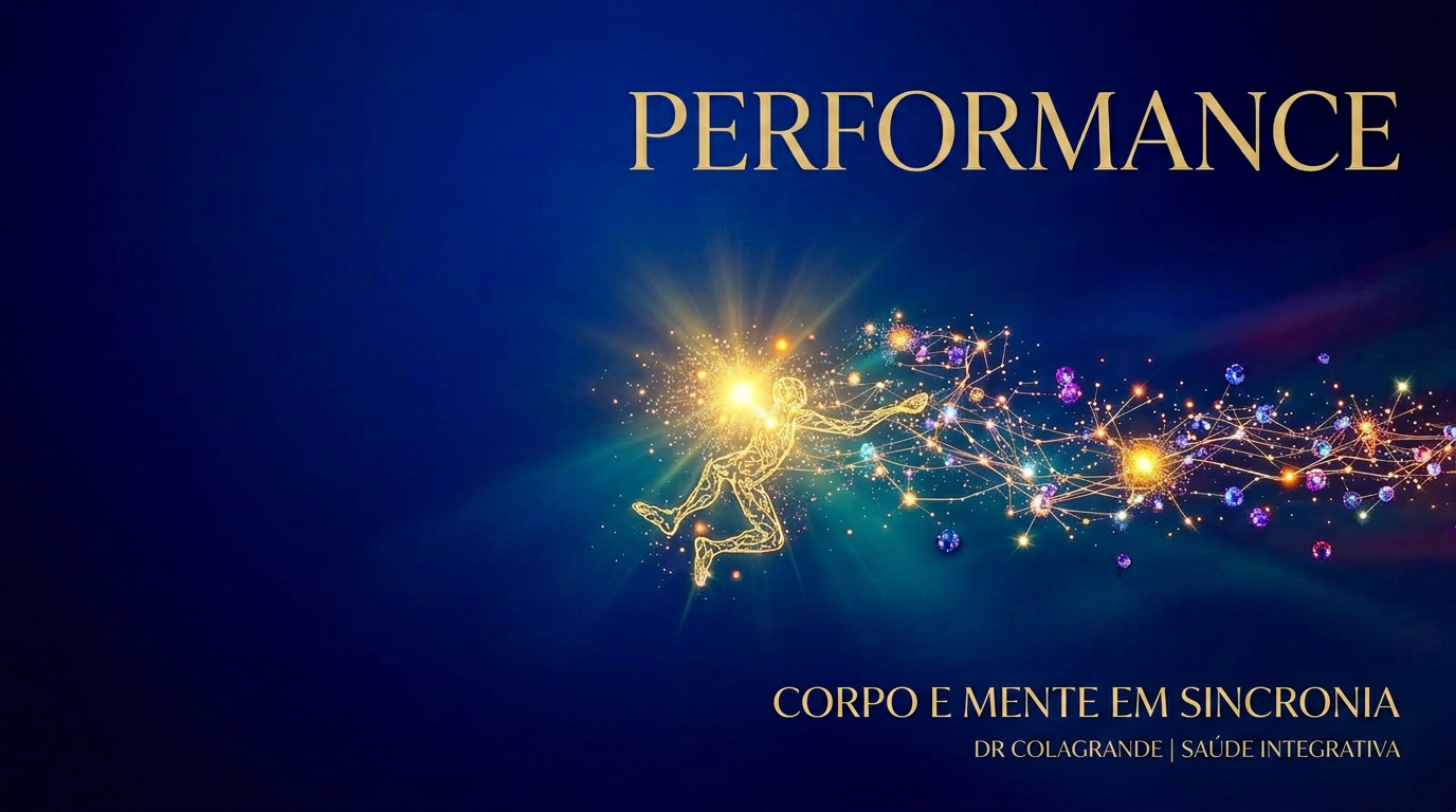 Arte editorial dourada de um atleta em movimento conectado a rede neural simbolizando performance física e mental