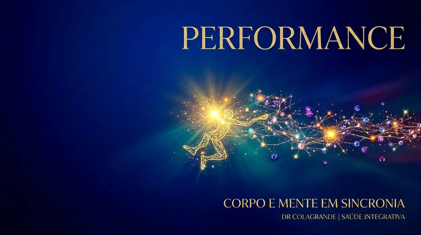 Arte editorial dourada de um atleta em movimento conectado a rede neural simbolizando performance física e mental