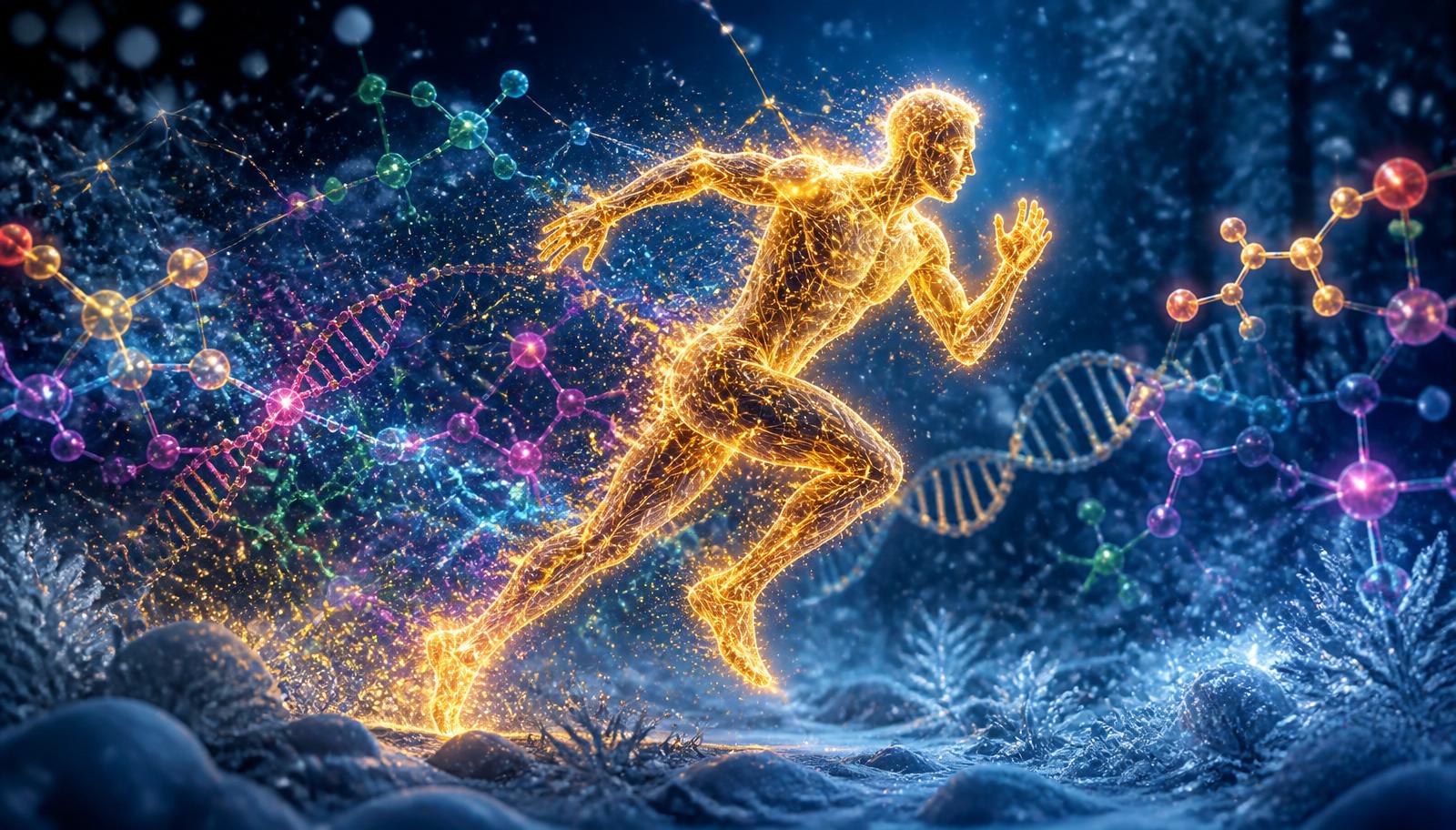 Silhueta luminosa de atleta correndo no frio conectada a moléculas coloridas e hélice de DNA, ilustrando suporte ortomolecular e hormonal para recuperação muscular