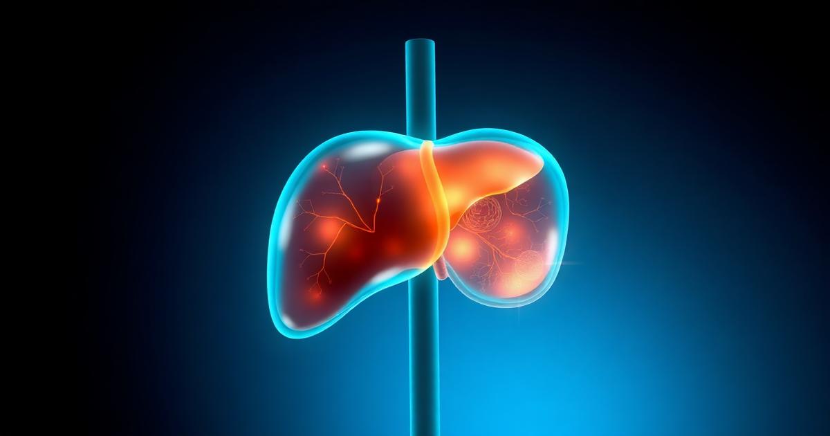Ilustração médica de um fígado saudável em luz azul e âmbar, representando metabolismo, detoxificação e prevenção de doenças hepáticas