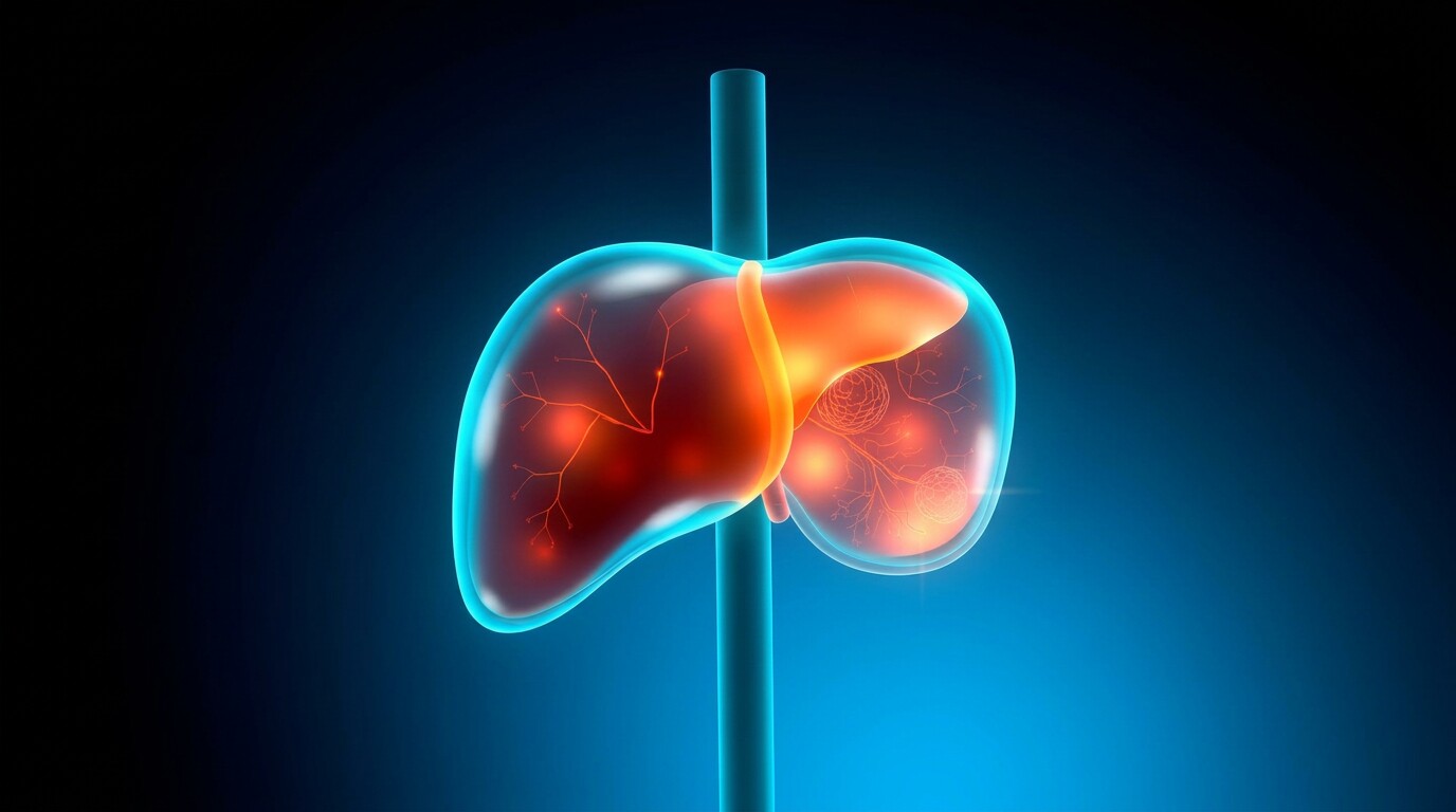 Ilustração médica de um fígado saudável em luz azul e âmbar, representando metabolismo, detoxificação e prevenção de doenças hepáticas