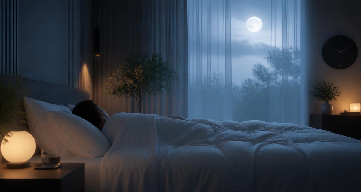 Quarto tranquilo à noite com luz suave azul e âmbar, pessoa descansando na cama, representando sono reparador e recuperação fisiológica